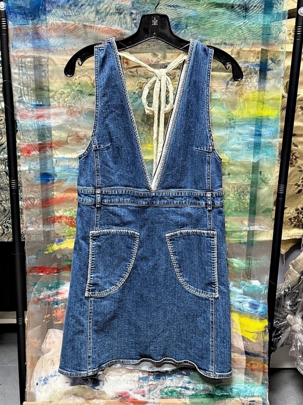See By Chloé Denim V-Neck Mini Dress Blue Size 38 Chunky Yarn Edge With Bow